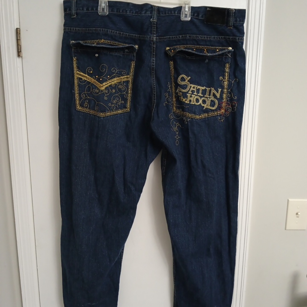 Men's Size 48x32 Vintage Y2K Baggy Wide Leg Satin In The Hood Blue Jeans Very Ra